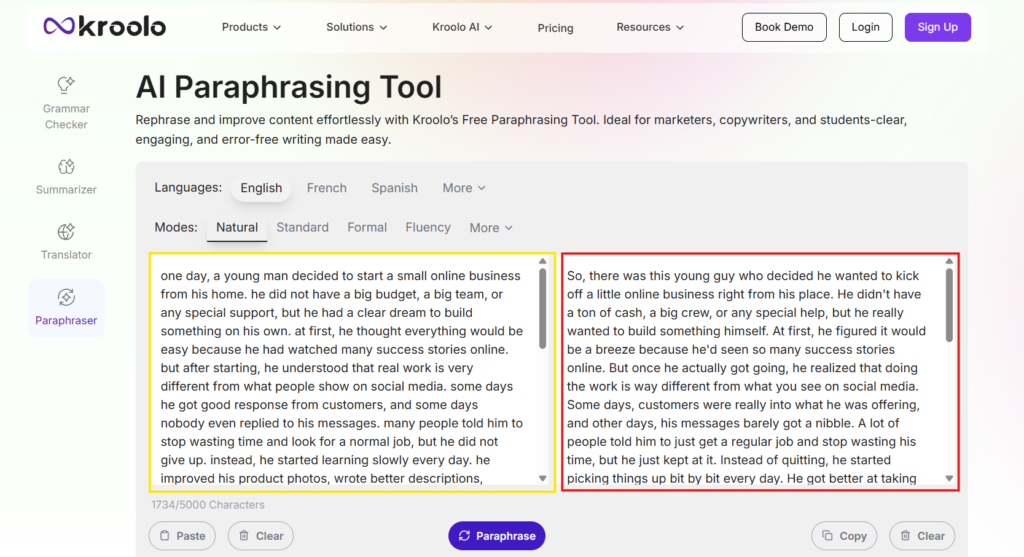 Screenshot of Kroolo AI Paraphrasing tool output