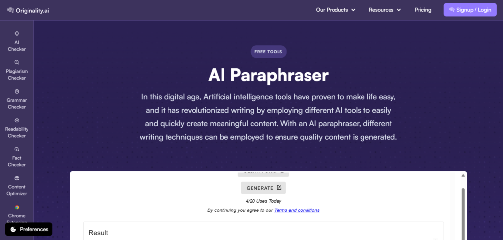 Screenshot of Originality.ai paraphraser tool