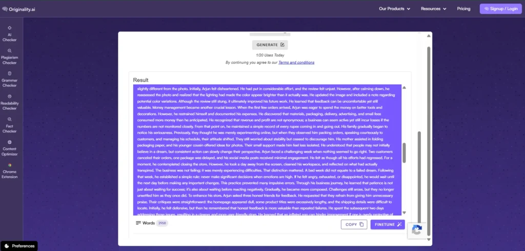 Screenshot of Originality.ai paraphraser tool output