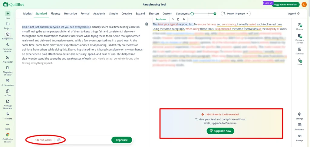 Screenshot of QuillBot paraphrasing tool