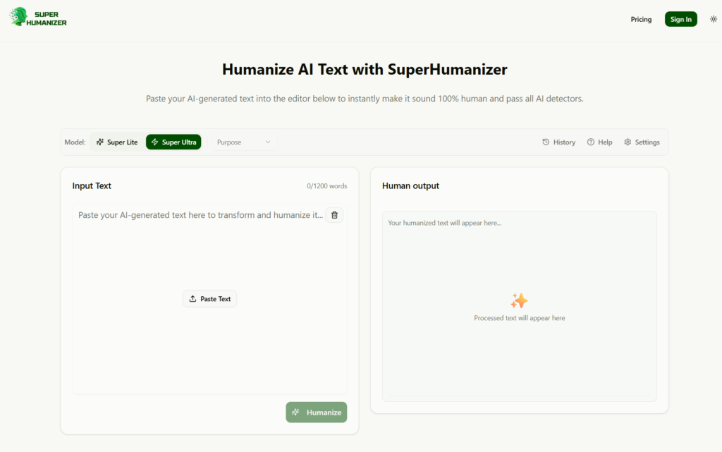 Screenshot of Super Humanizer's humanize tool workspace