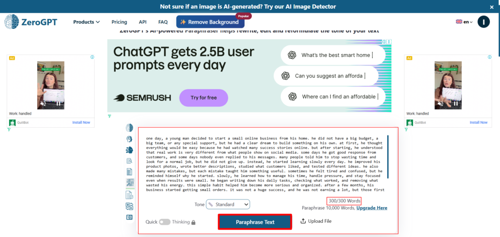 Screenshot of ZeroGPT paraphraser tool