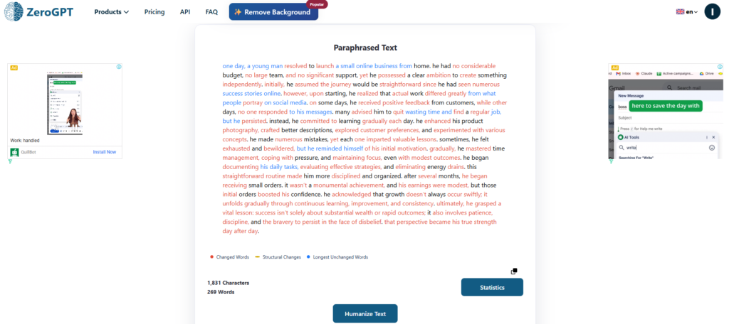 Screenshot of ZeroGPT paraphraser tool output