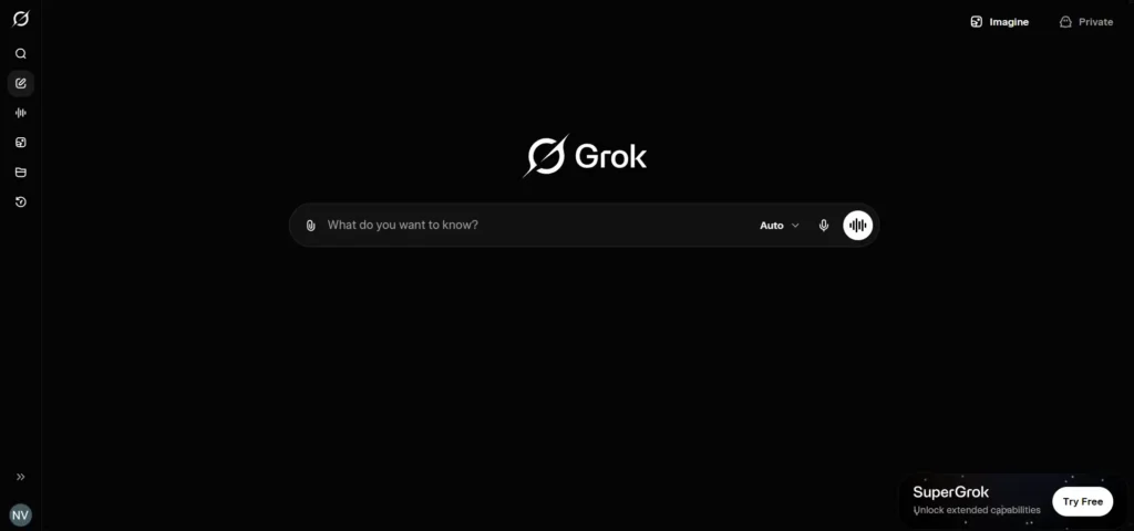 Screenshot of grok homepage