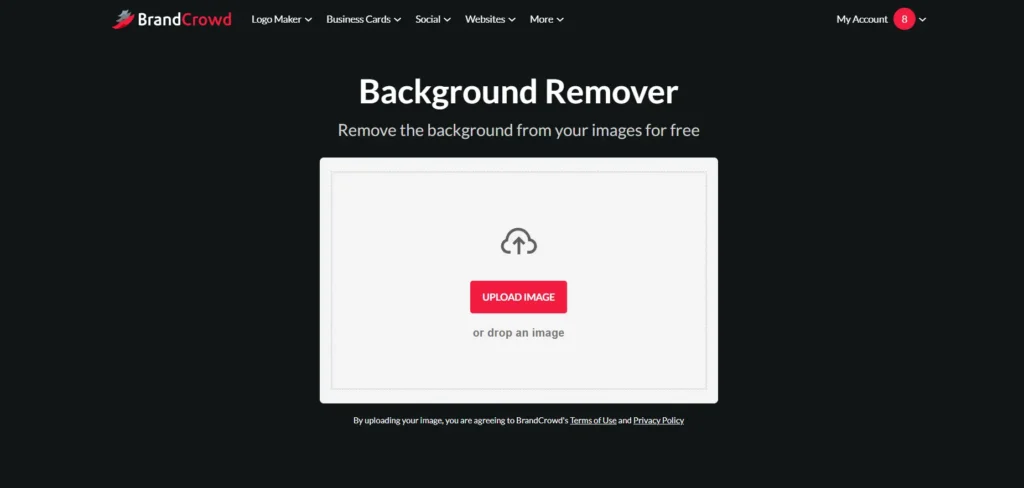 Screenshot of the Background remover tool homepage in BrandCrowd