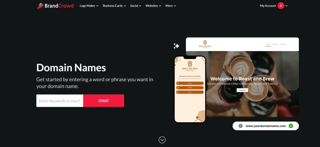 Screenshot of the Domain NAmes Generator homepage in BrandCrowd
