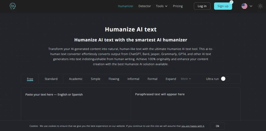 Screenshot of the Humanize AI humanizer tool workspace.