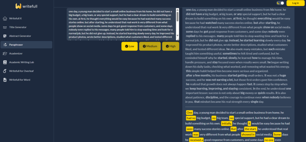 Screenshot of writefull paraphrasing tool output