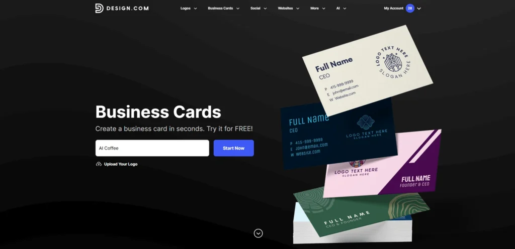 Screenshot of Design.com Business card homepage
