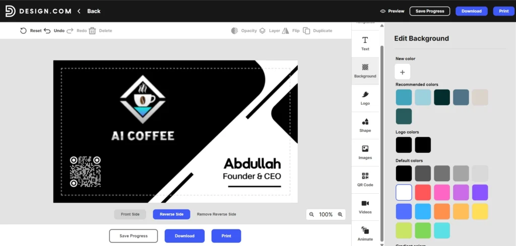 Screenshot of Design.com Business card output