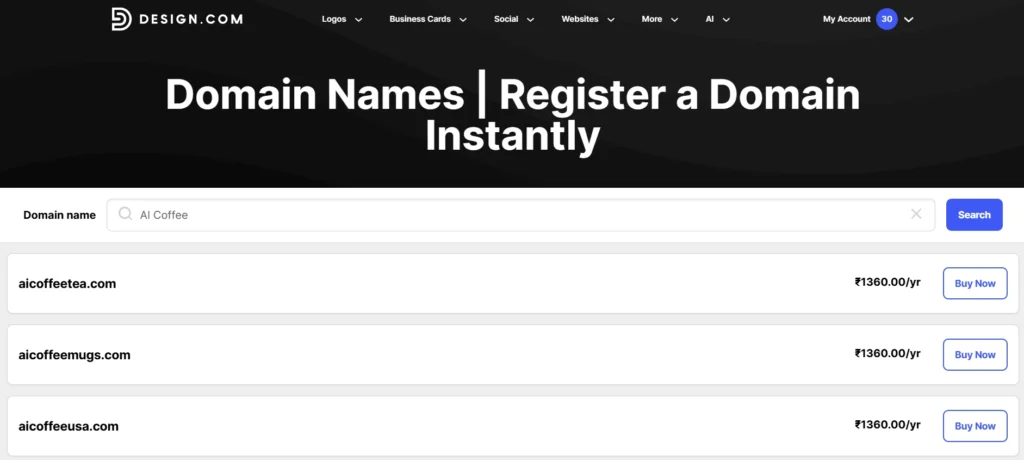 Screenshot of Design.com Domain list