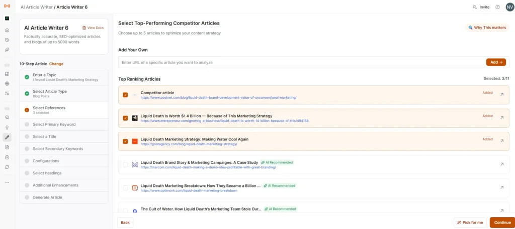 Select top performing competitor articles