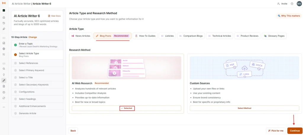 Writesonic's 10 Steps Article tool