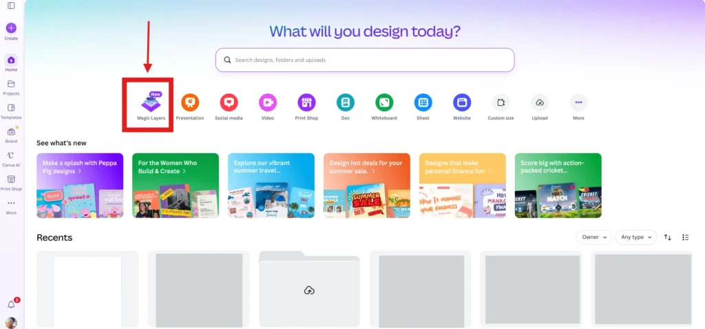 Screenshot Image of Canva Homepage (Magic Layers)