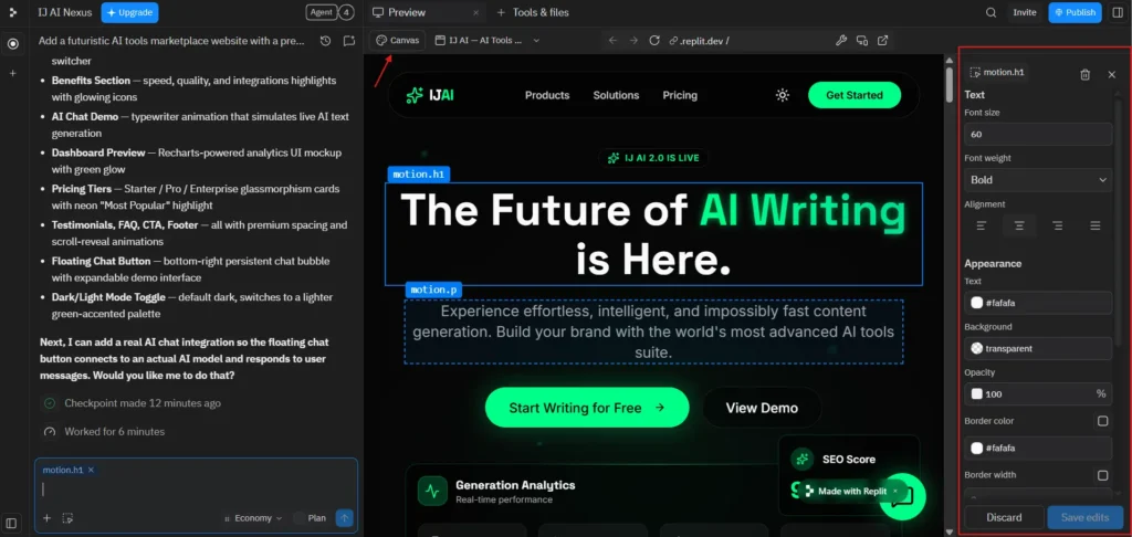 Screenshot Image of Customizing the AI-generated website layout, font style and borders using Replit's sidebar editing controls.