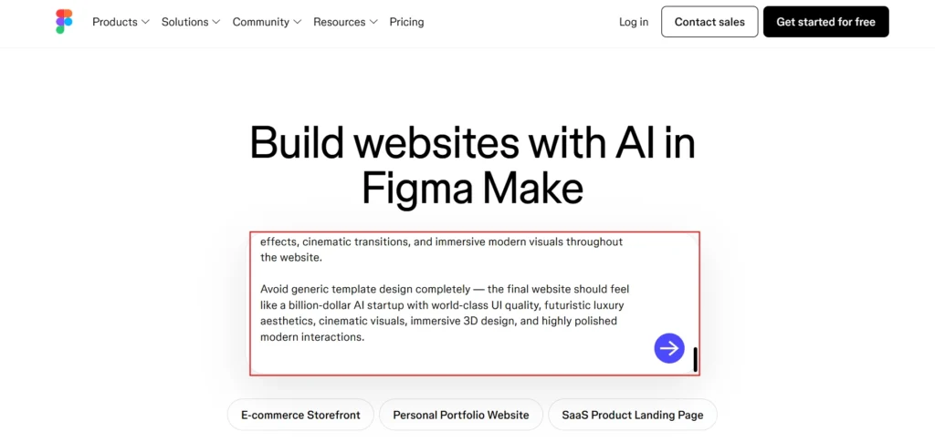 Screenshot Image of Figma AI website builder Homepage and prompt configuration interface