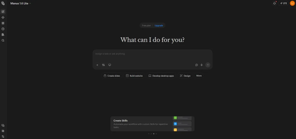 Screenshot Image of Manus AI HomePage After Loggedin
