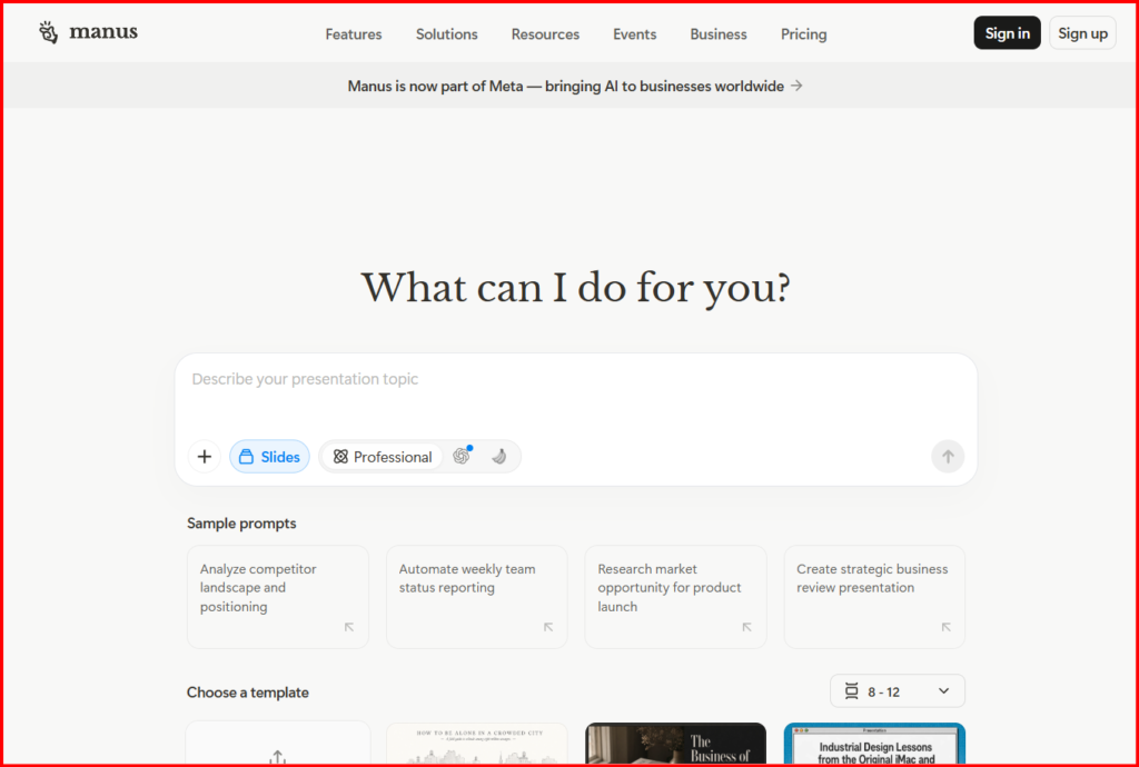 Screenshot Image of Manus AI Homepage Interface