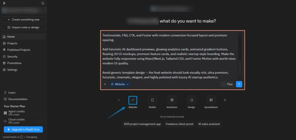Screenshot Image of Replit AI Website Builder dashboard and prompt execution
