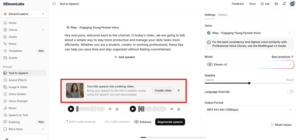Screenshot of the ElevenLabs (Text-to-Speech) Interface