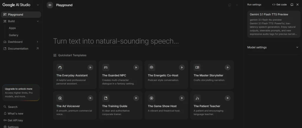 Screenshot of the Google AI Studio Speech and Music Playground Interface