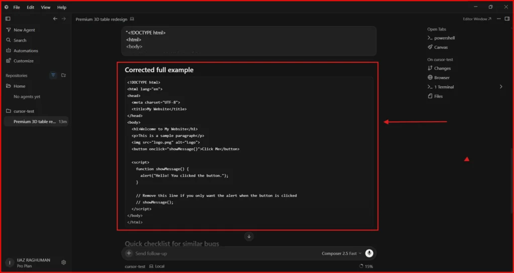 Cursor Corrected the Error Code