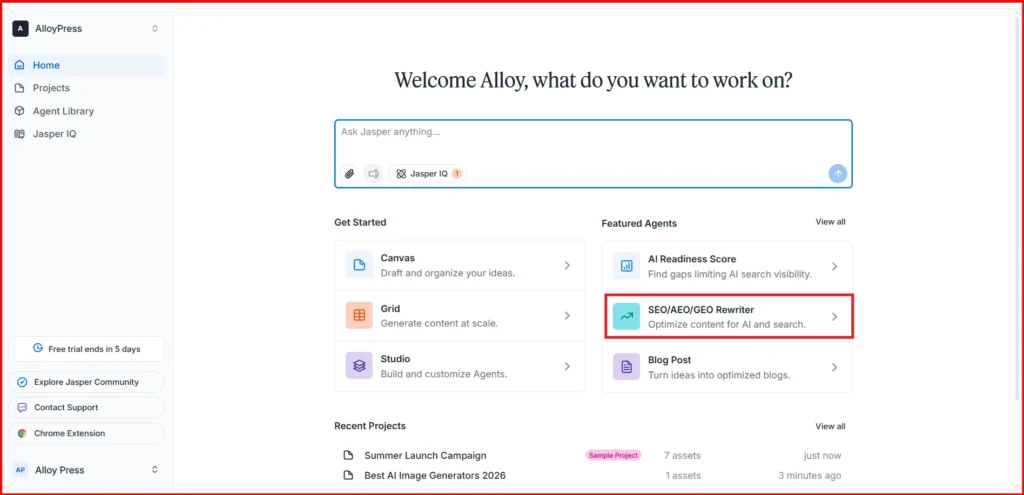 Screenshot Image of Showing the Jasper Ai Homepage Interface