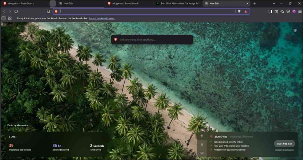 Brave browser with Leo AI assistant and built-in ad blocker