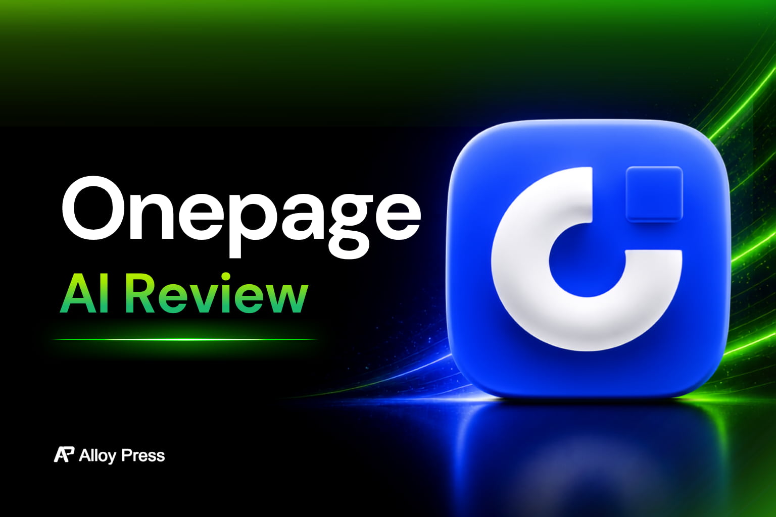 Onepage AI review banner with blue logo and green neon design. Onepage AI review banner with blue logo and green neon design.