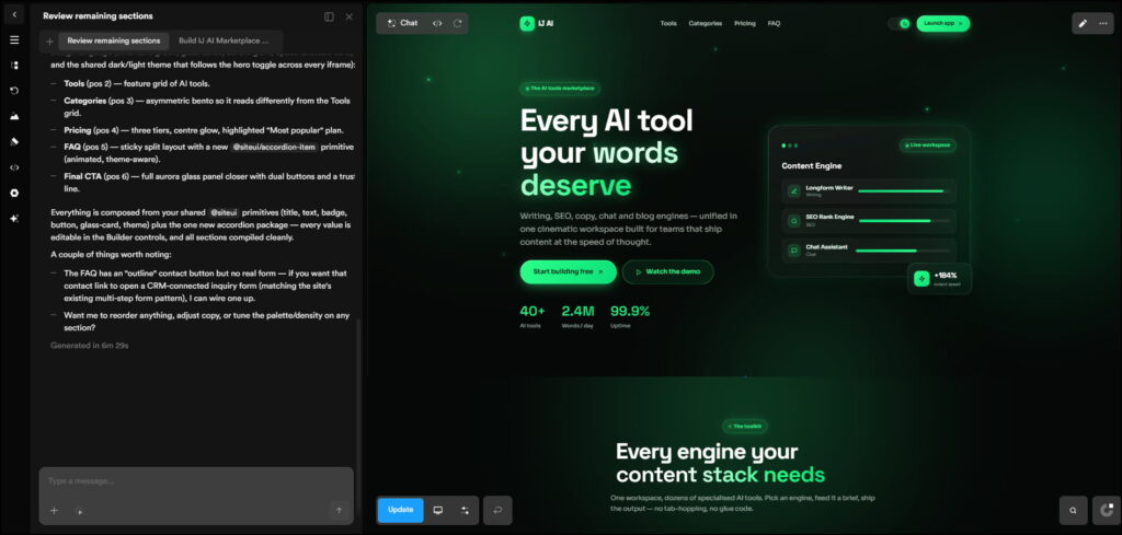 Onepage AI website builder interface with AI content tools and visual editor.