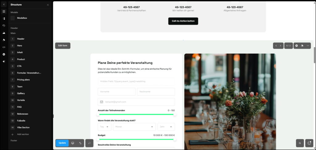 Onepage AI website builder interface with visual page editor and form layout.