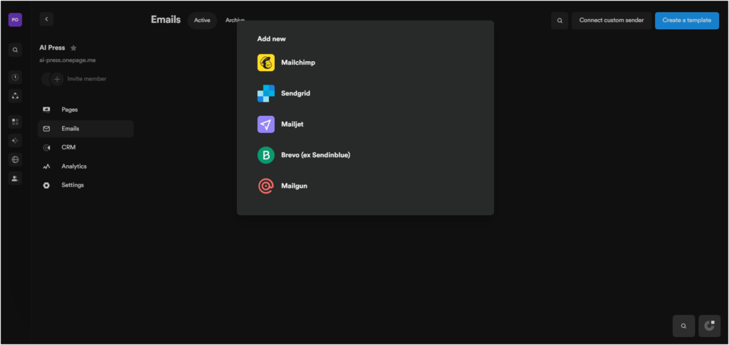 Onepage email integrations with Mailchimp, SendGrid, Mailjet, Brevo and Mailgun