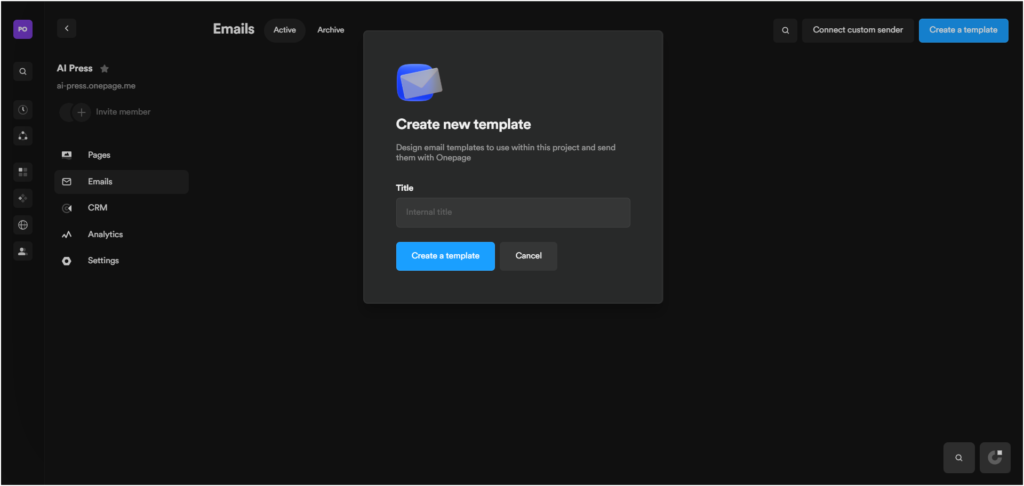 Onepage email template creation dialog with internal title field