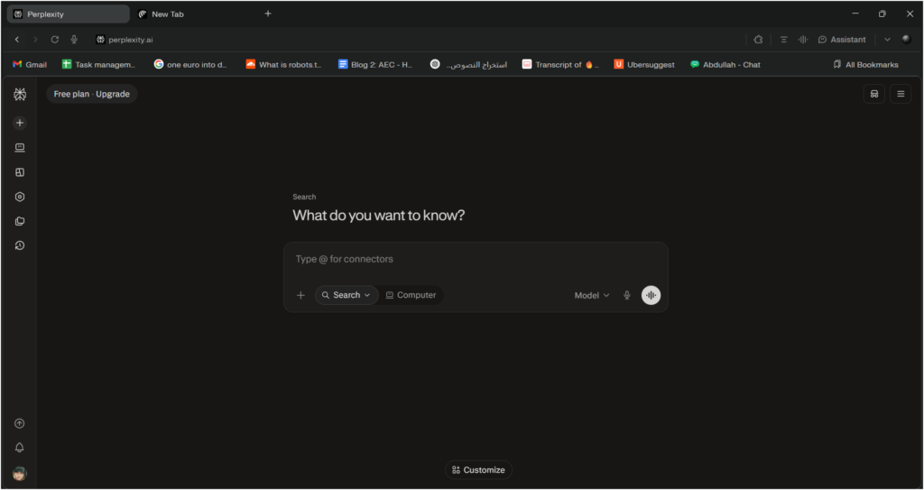 Perplexity Comet AI browser interface with built-in AI assistant