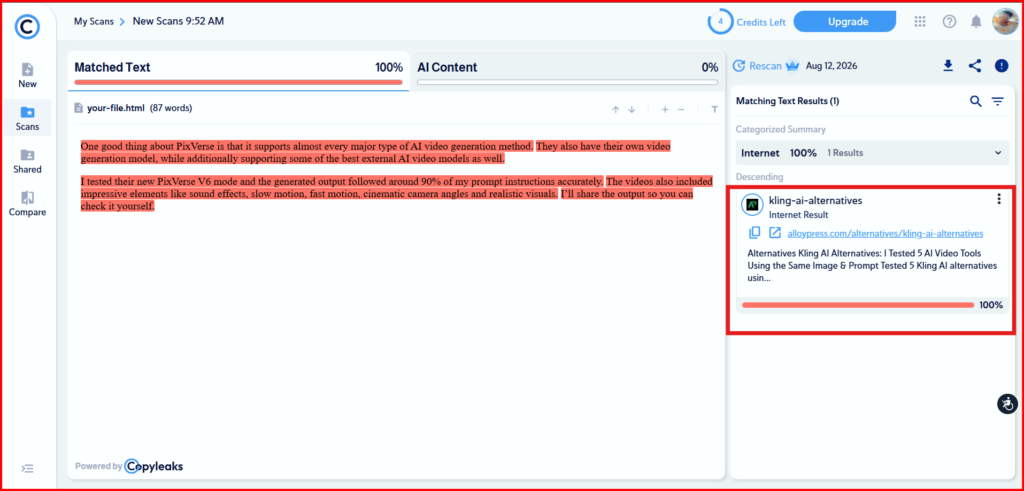 Screenshot Image of Copyleaks plagiarism checker workspace area
