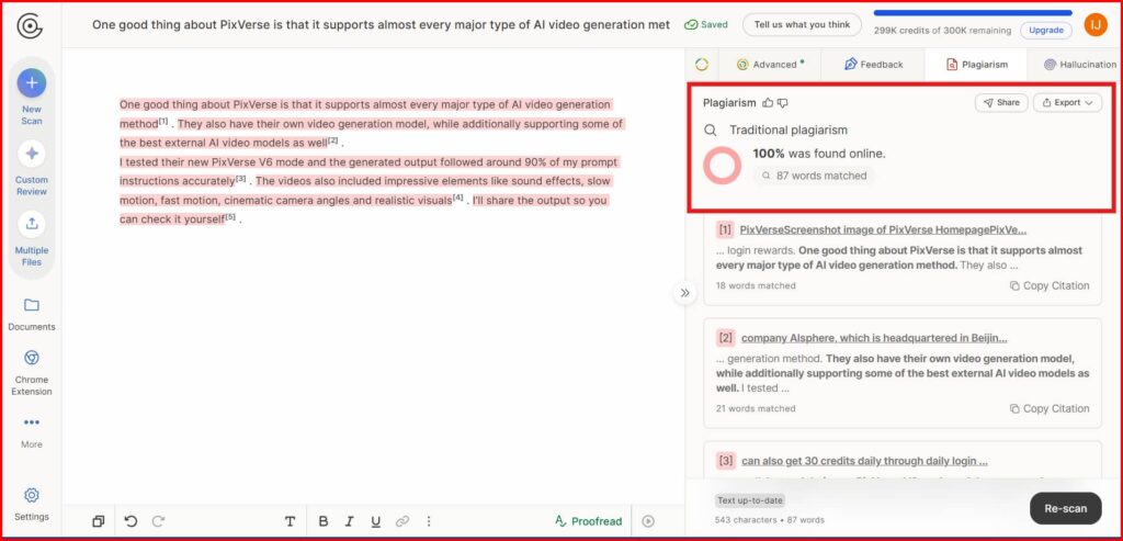 Screenshot Image of GPTzero plagiarism checker workspace