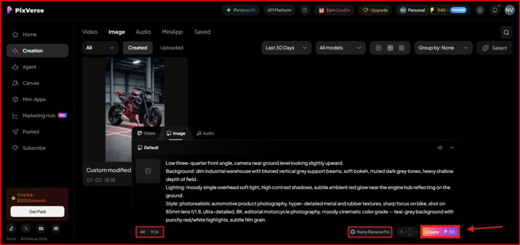 Screenshot Image of showing pixverse image egenartion interface
