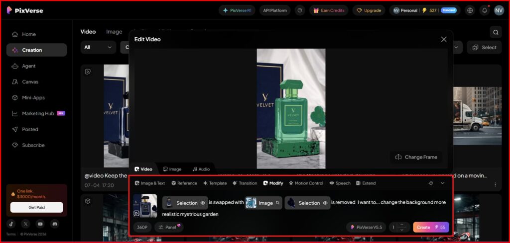 Screenshot Image of showing pixverse modify option explore