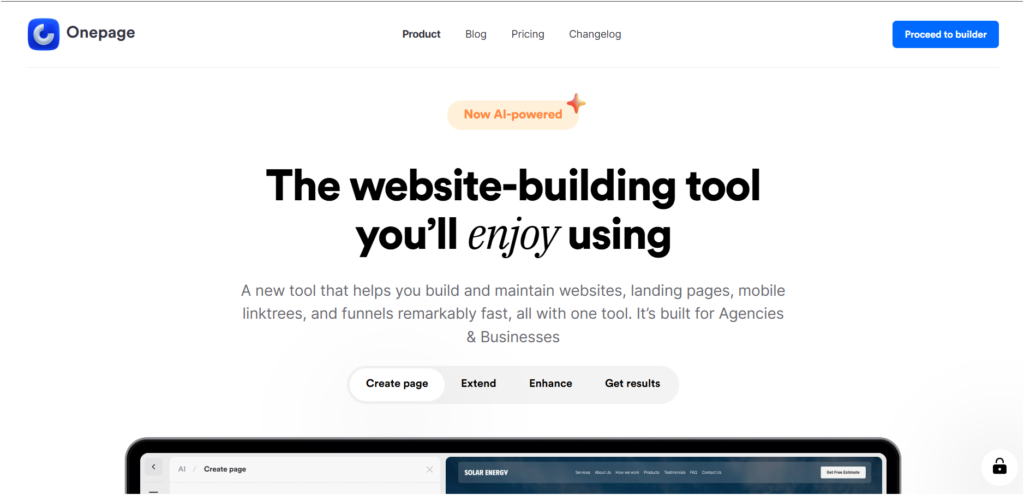 OnePage AI website builder interface for creating websites with AI