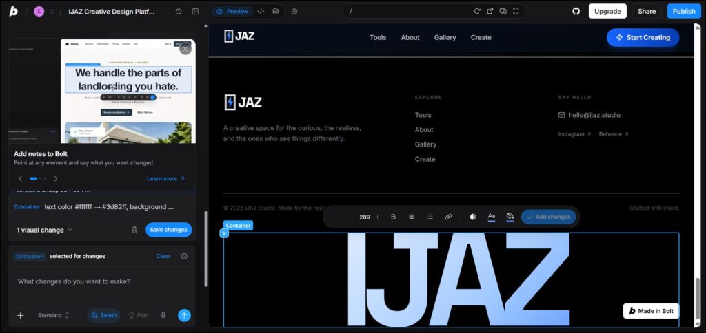 Bolt.new website editing interface