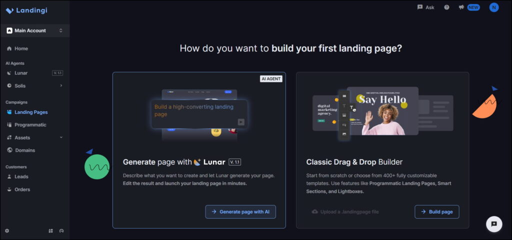 Landingi AI landing page builder options