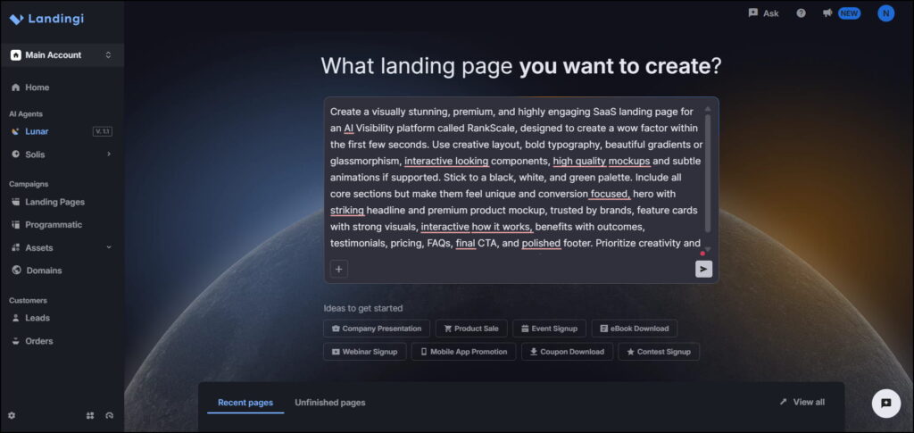 Landingi AI landing page prompt interface