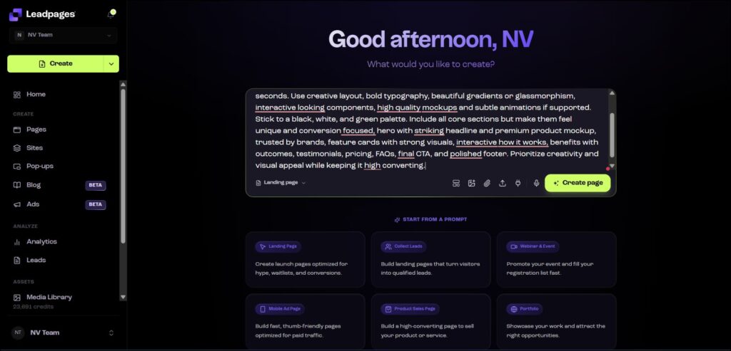 Leadpages AI landing page builder interface