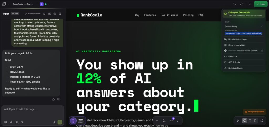 RankScale AI landing page in Leadpages
