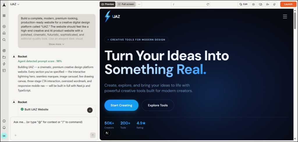 Rocket.new AI vibe coding tool interface