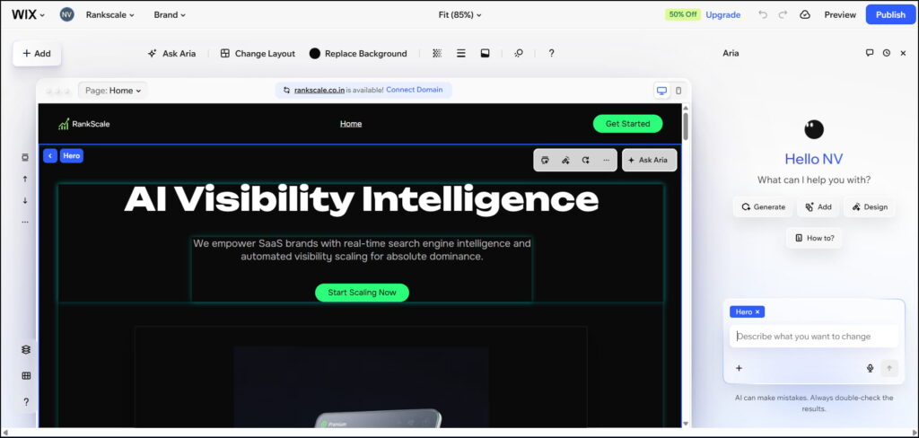Wix AI landing page editor with RankScale website