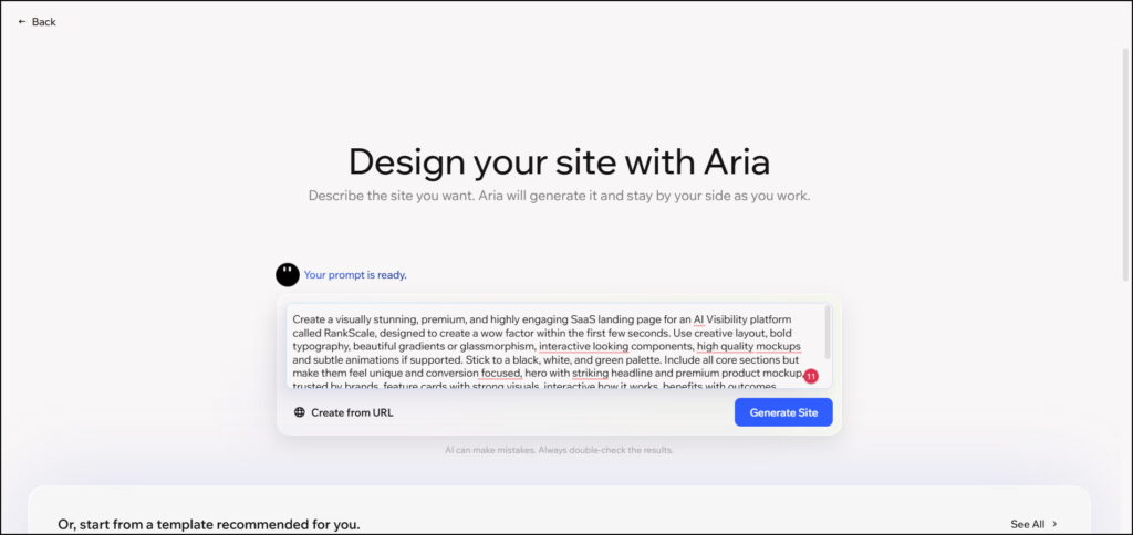 Wix AI website builder Aria interface