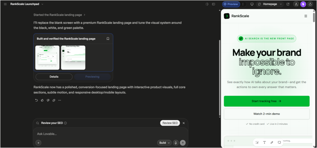 Lovable AI landing page builder generating a RankScale AI visibility website with a green and black design
